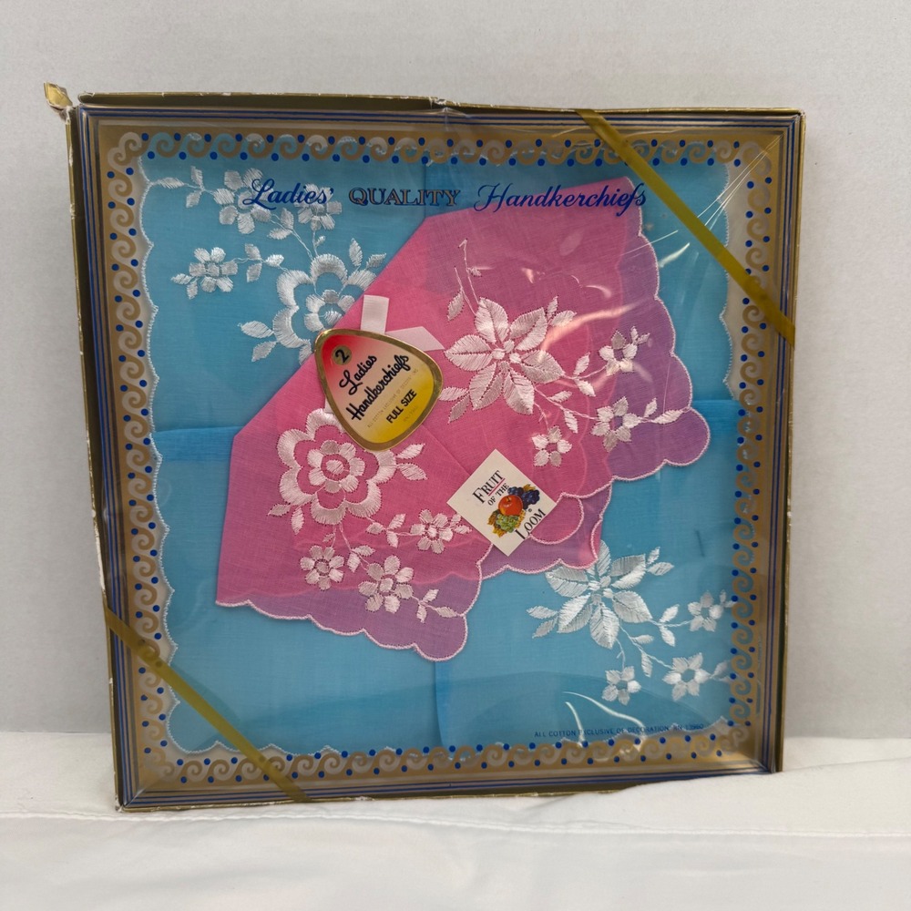 Vintage Fruit of the Loom Ladies Handkerchiefs Boxed Set 2 Cotton Floral